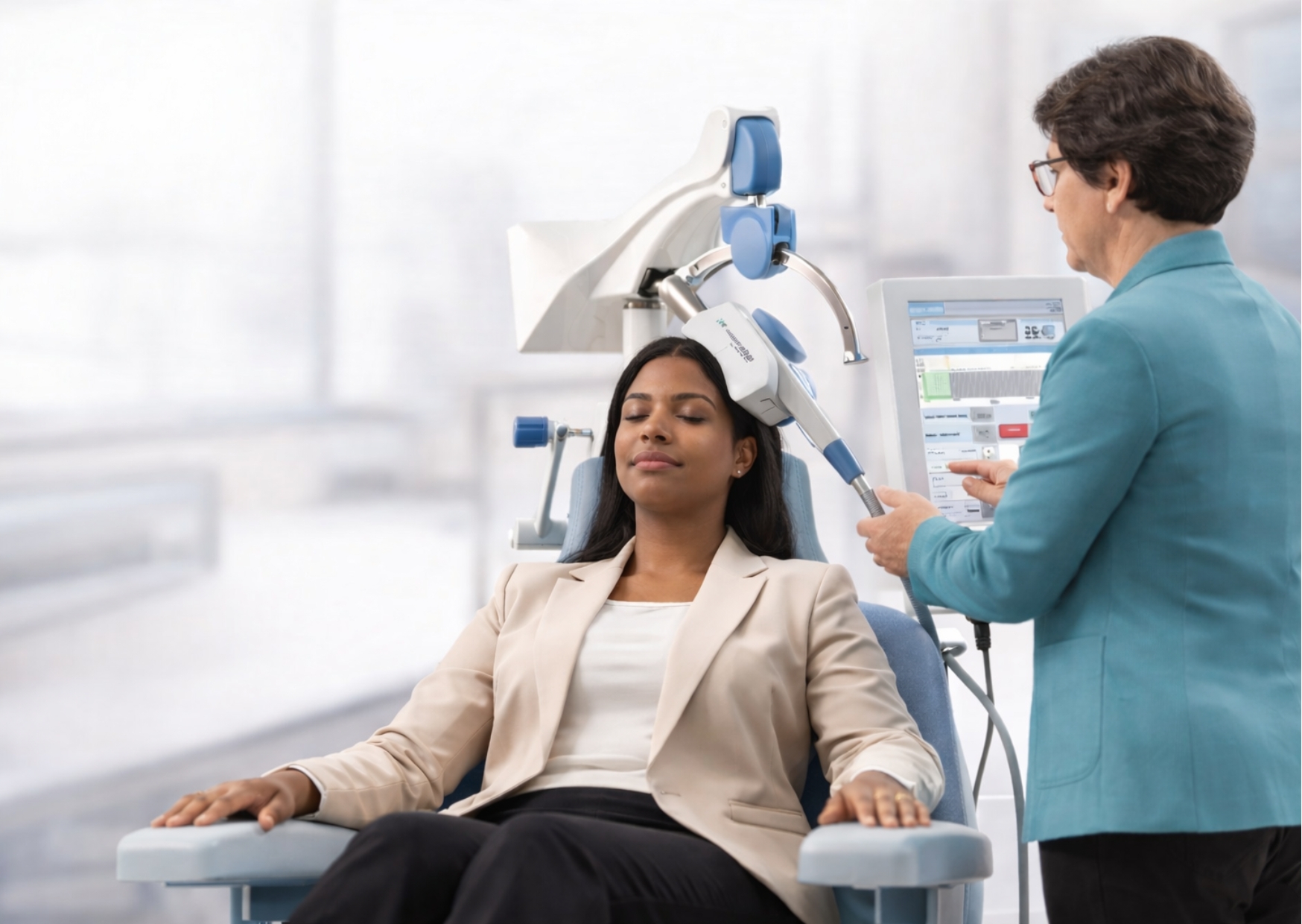 A person receiving rTMS treatment